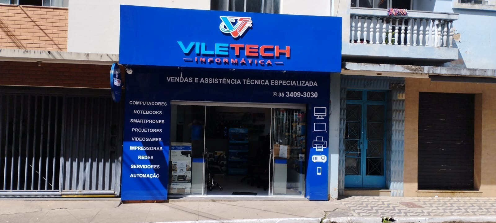 Fachada da loja VILETECH Informática na Rua Barão do Rio Branco, 211, Centro de Lavras